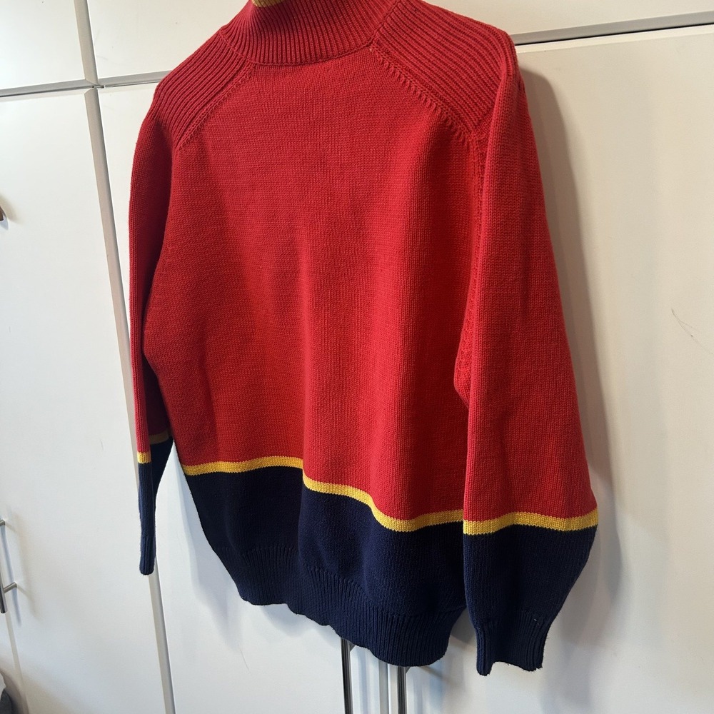 Anne Cole Collection Vintage Ski Sweater Red Navy Yellow 1/4 Zip Cotton Large - Picture 12 of 13